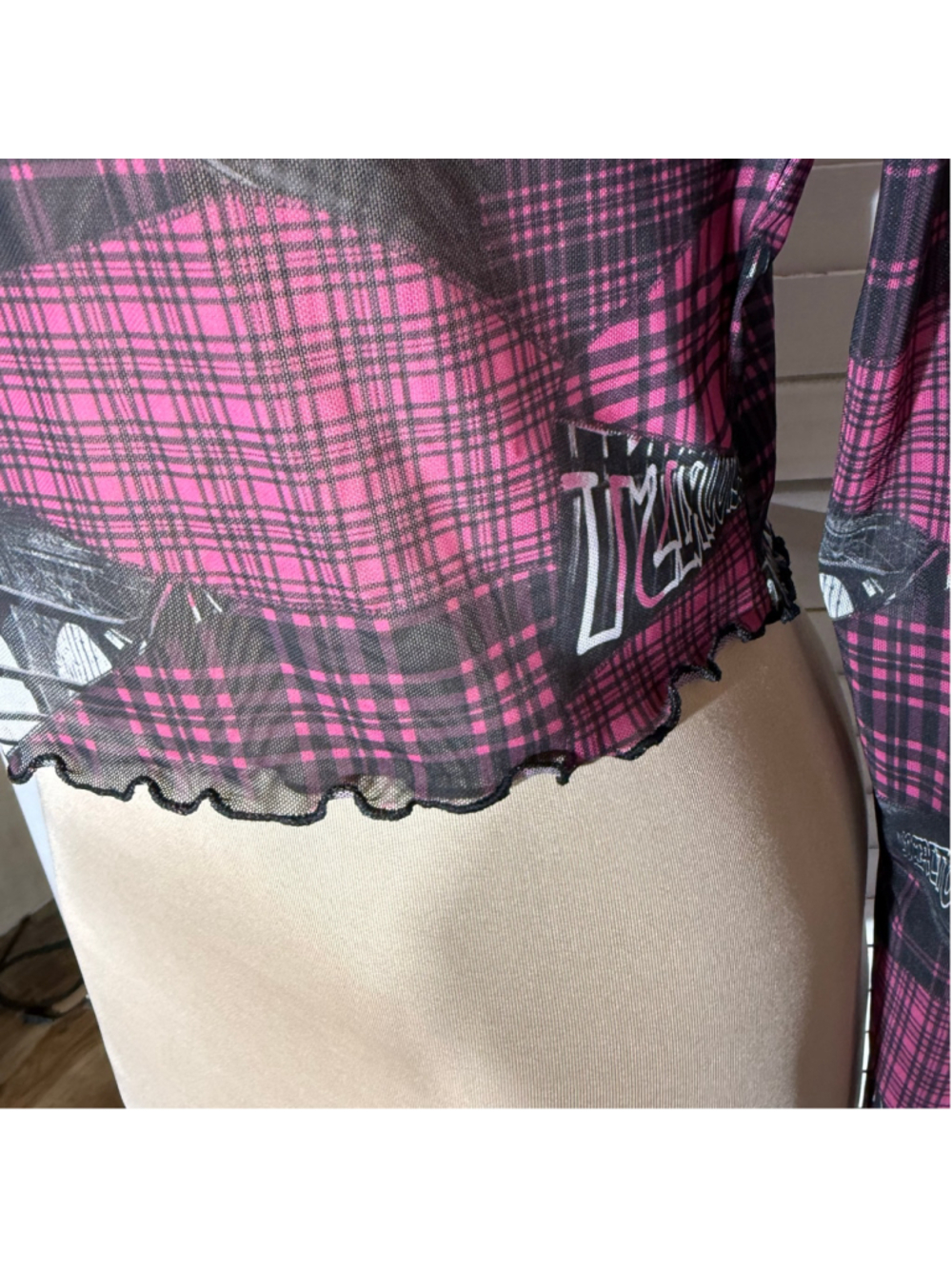 NWOT Social Tourist mesh crop top Hollister plaid long sleeves punk alt grunge M - Picture 7 of 11